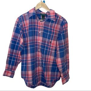 Lauren Ralph Lauren sz M plaid linen button down shirt pink blue